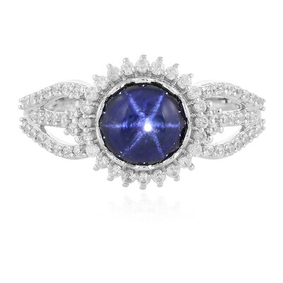 Zilveren ring met een blauwe ster saffier