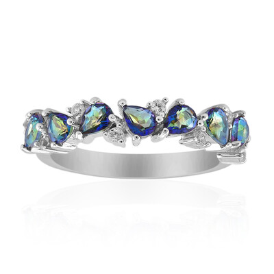 Zilveren ring met blauwe mystieke kwartskristallen